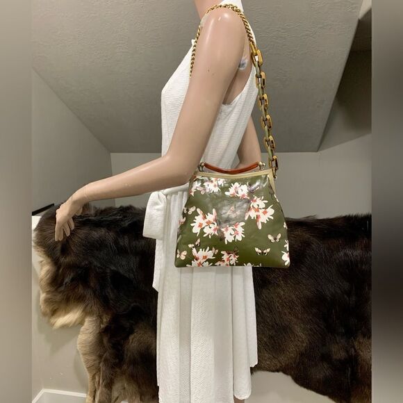 Handmade Genuine Leather Floral Print, Vintage Style Double Kisslock Handbag Set - Picture 3 of 16